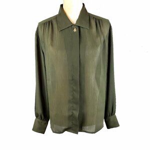 SK Company Olive Chiffon Gold Knot Button Down Long Sleeve Sheer Top Vintage 90s